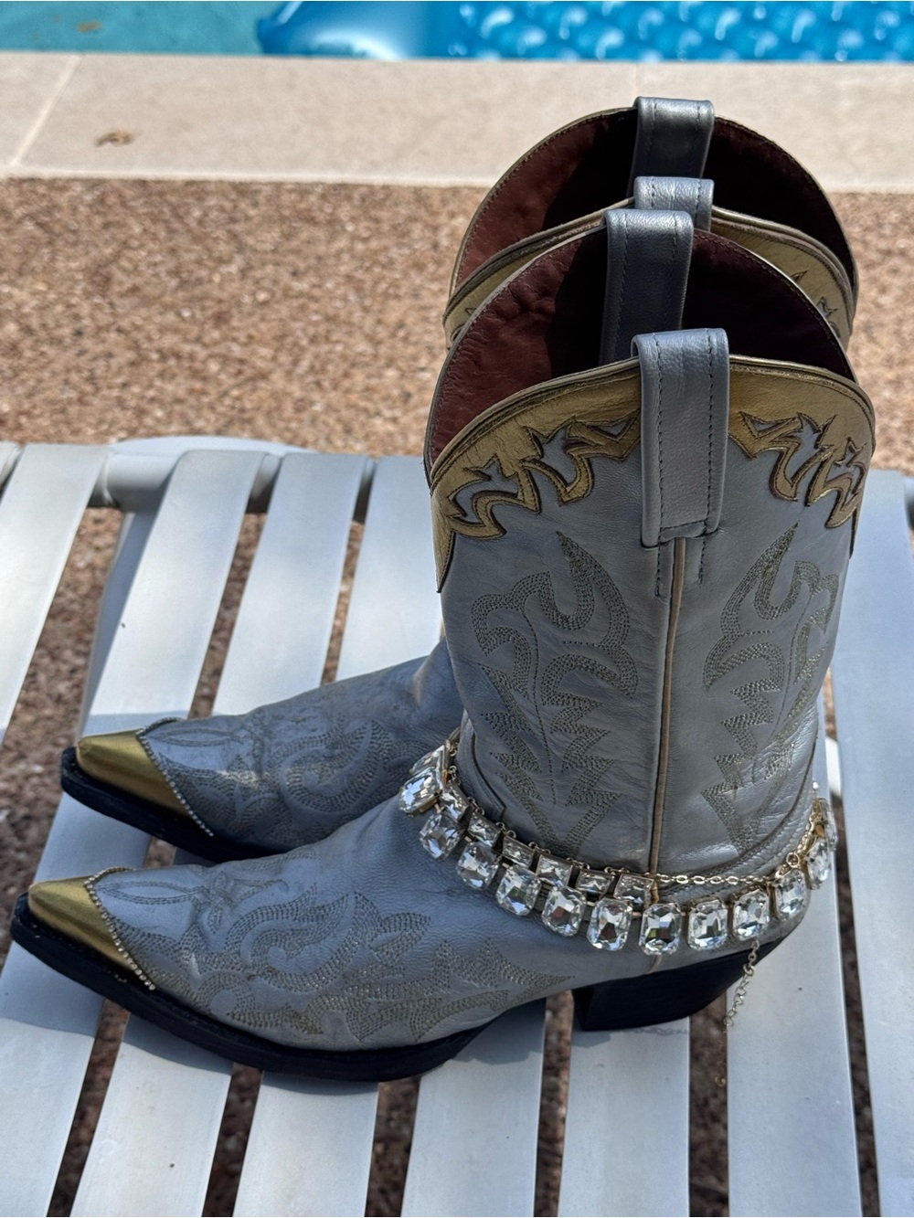 Silver and Gold Western Heeled Boots with rhinestones on the toes.